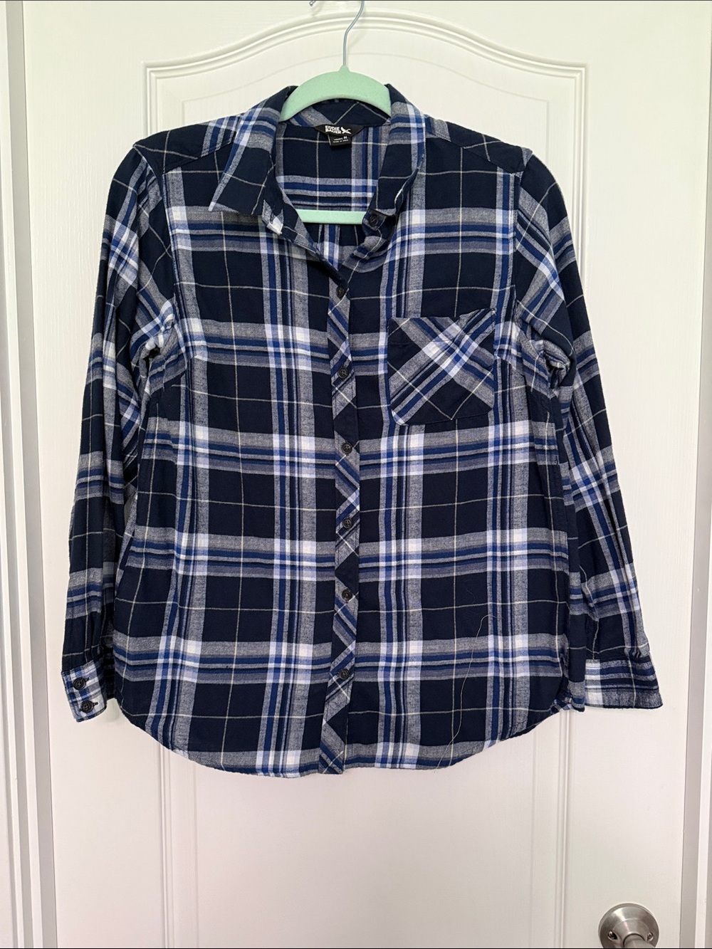 Eddie Bauer Navy & White Plaid Button-Down Flannel Shirt - Kids